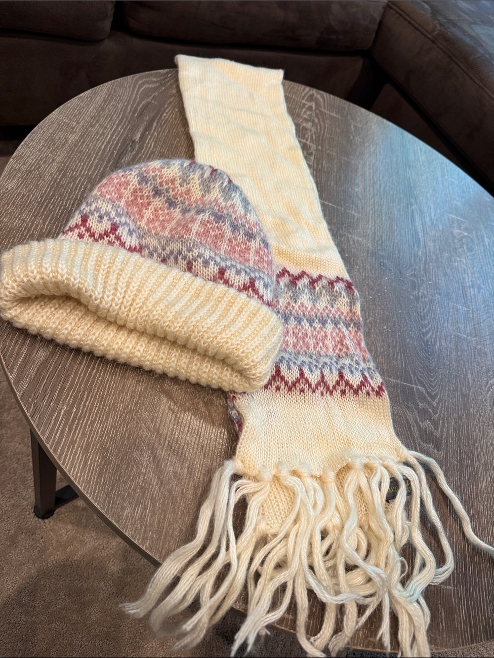 Cream Knit Beanie and Fringe Scarf with Pink and Blue Fair Isle Accents